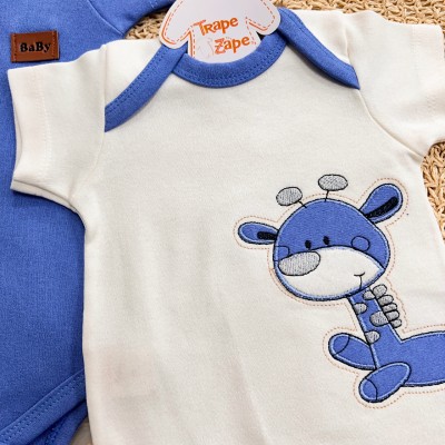 Conj. de Malha 3 peças - Girafinha - Off White e Azul 